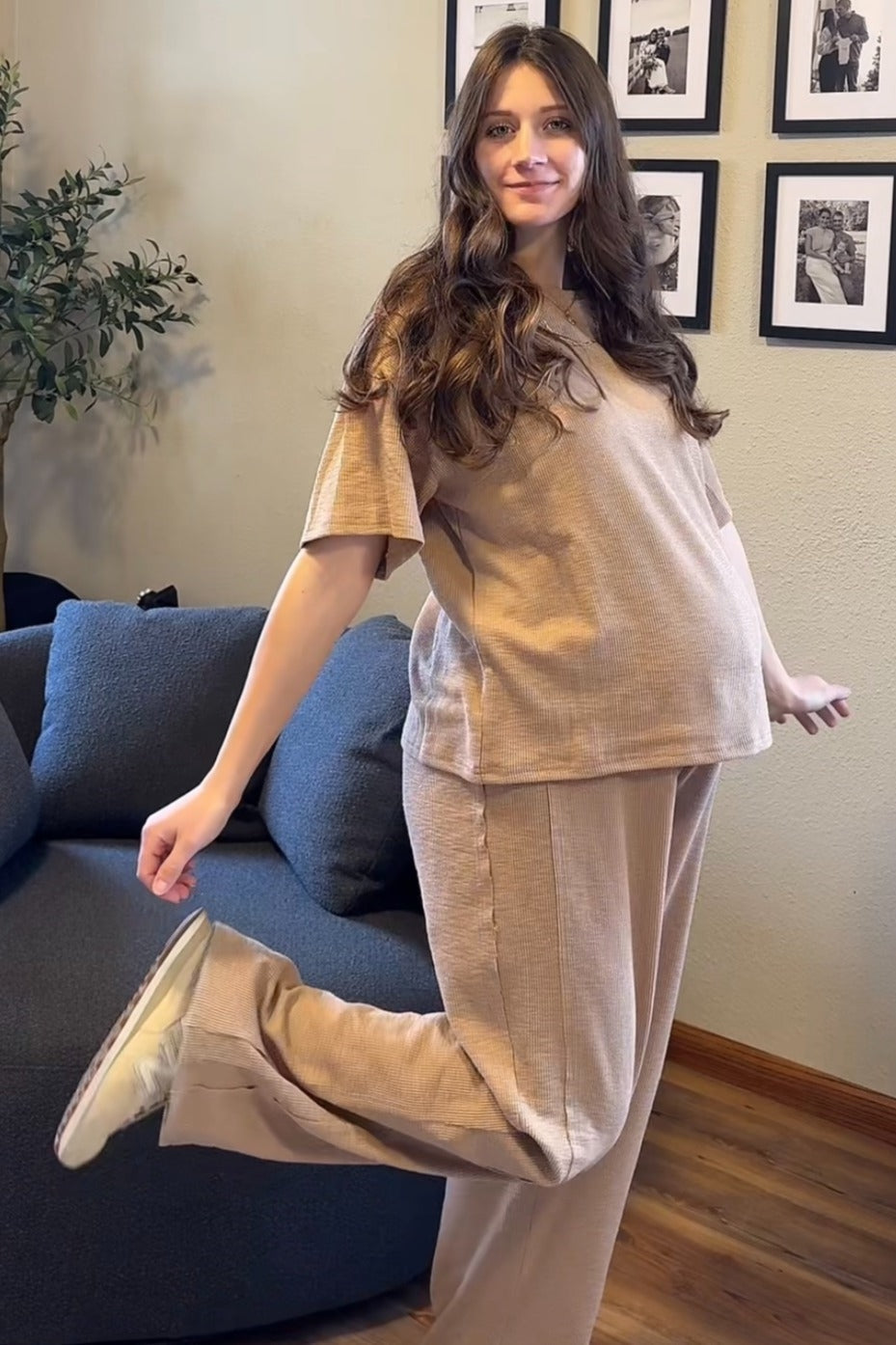 Taupe Textured Knit Oversized Tee And Pants Maternity Set