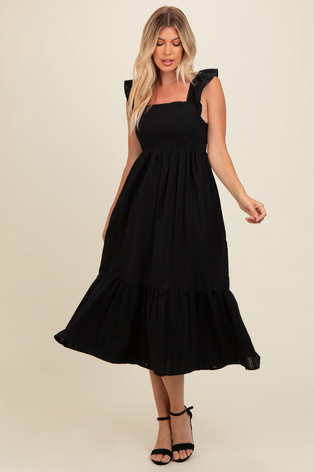 Black Textured Cotton Ruffle Strap Maternity Midi Dress