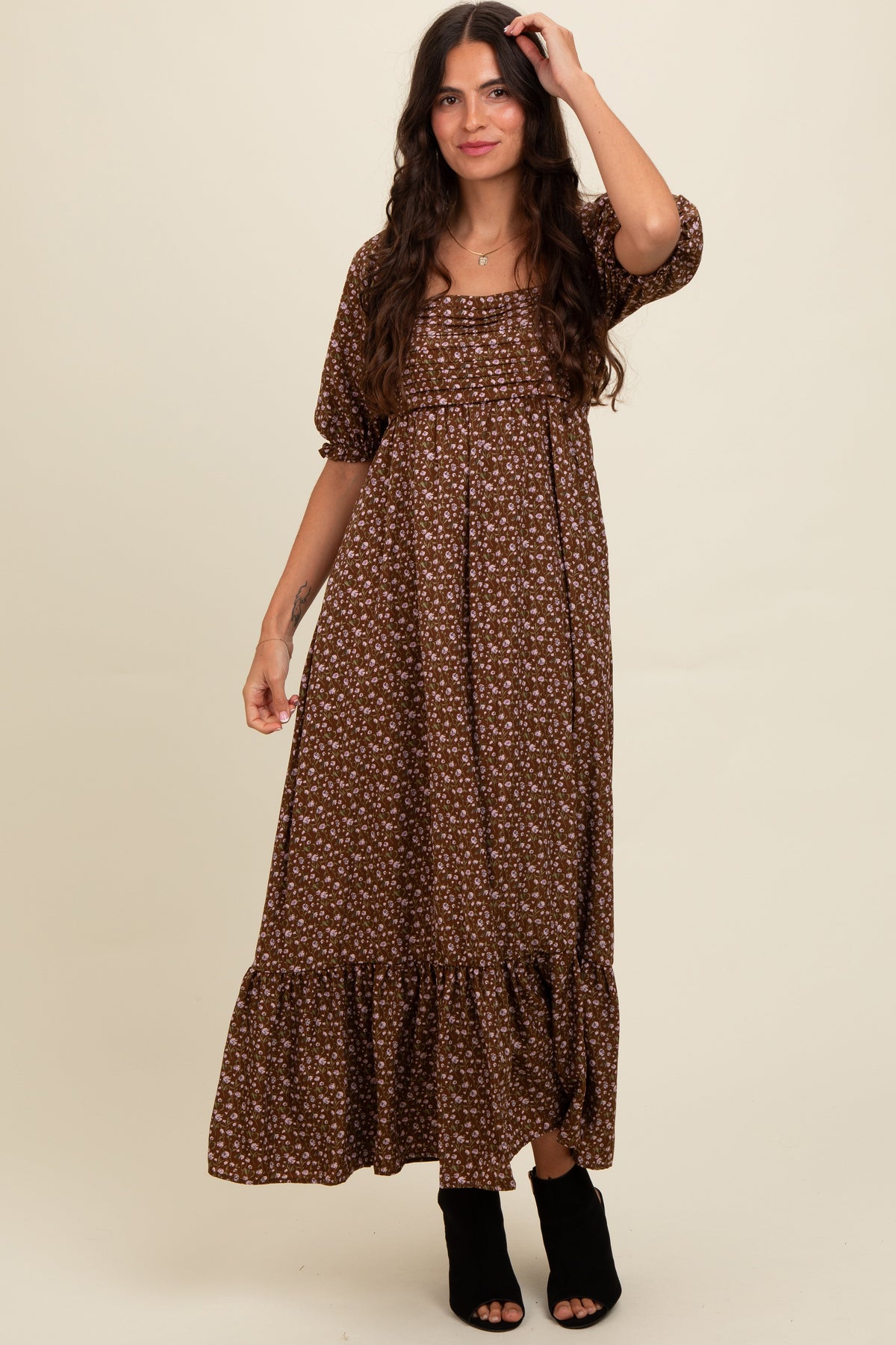 Mocha Floral Pleated Bodice Maternity Maxi Dress