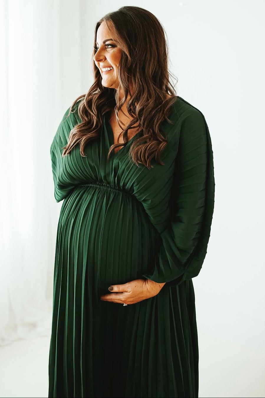 Forest Green Satin Pleated V-Neck Maternity Maxi Dress