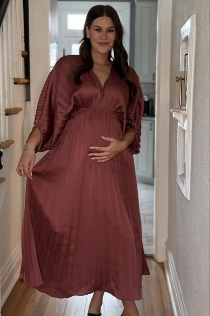 Mauve Satin Pleated V-Neck Maternity Maxi Dress