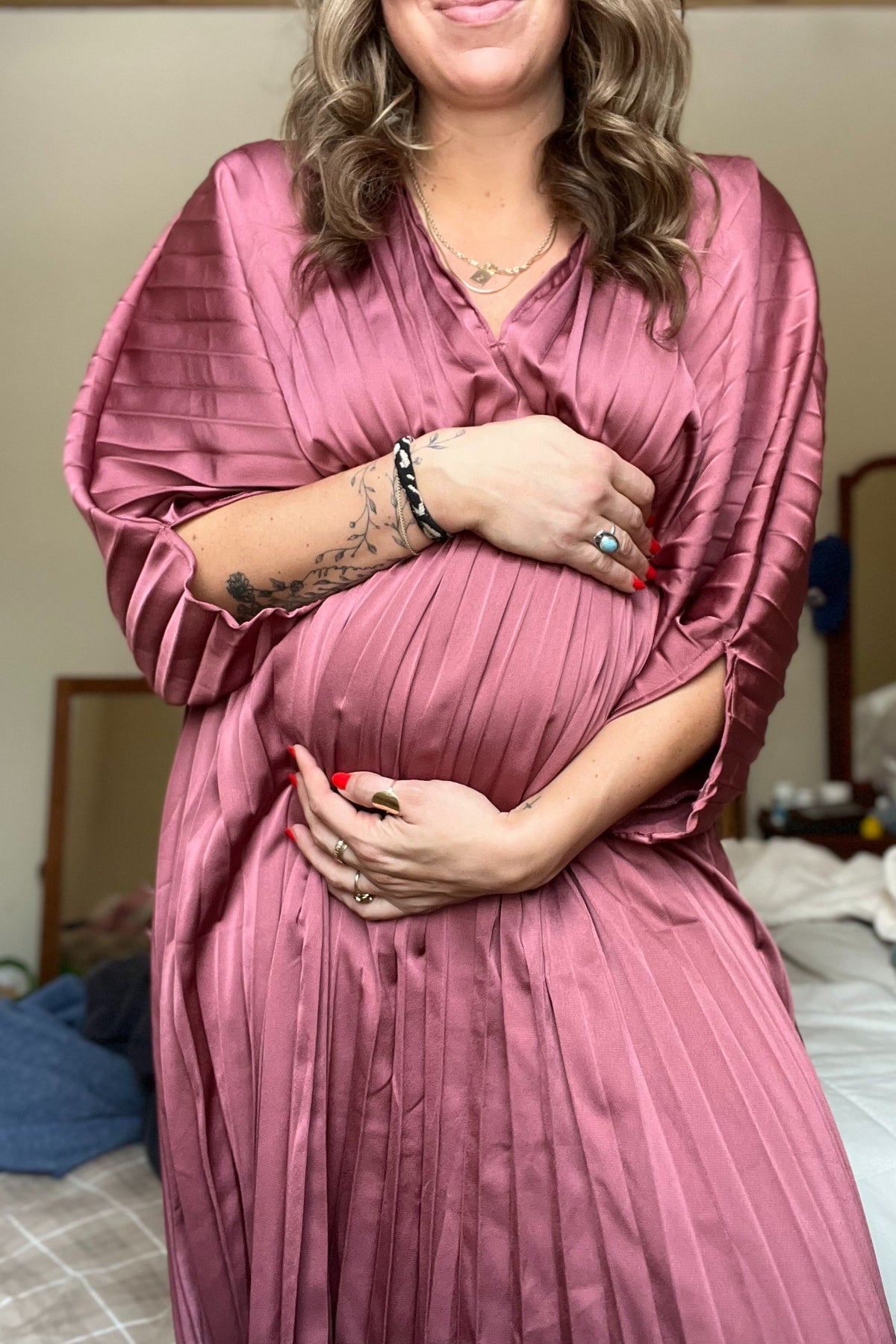 Mauve Satin Pleated V-Neck Maternity Maxi Dress