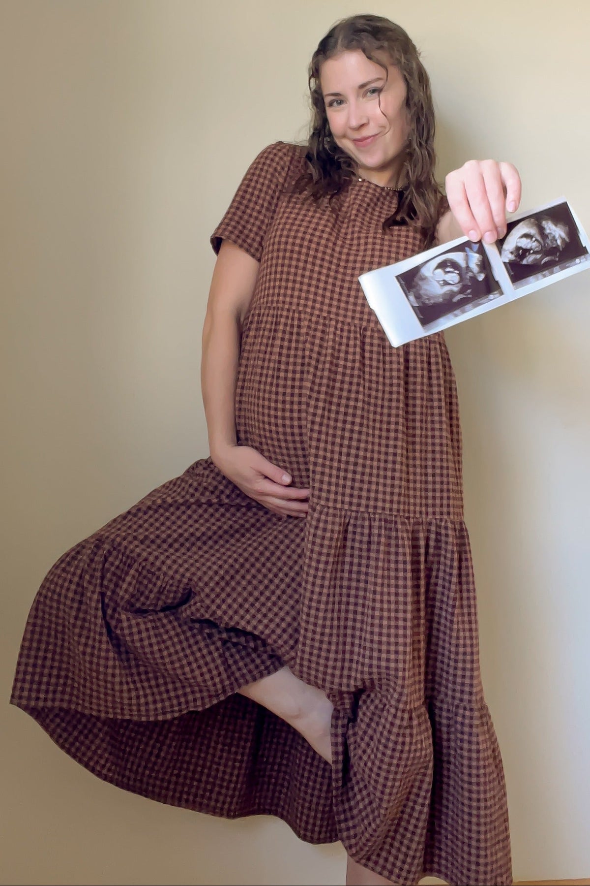 Mocha Gingham Tiered Maternity Midi Dress