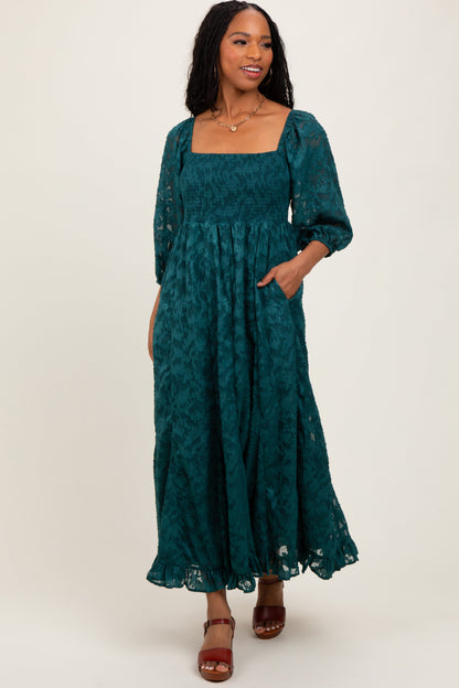Forest Green Textured Overlay Smocked Ruffled Hem Maternity Maxi Dress
