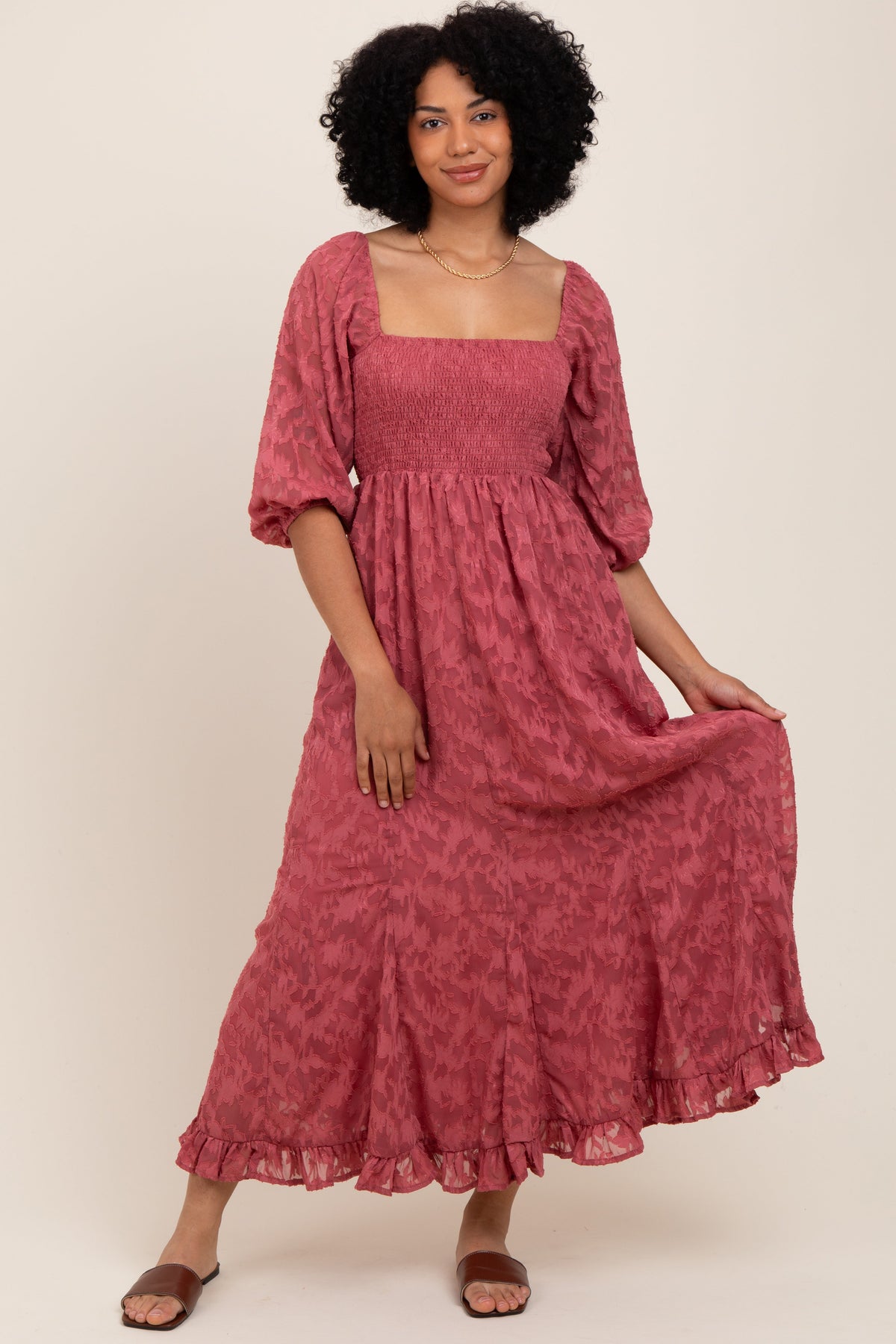 Mauve Textured Overlay Smocked Ruffled Hem Maternity Maxi Dress