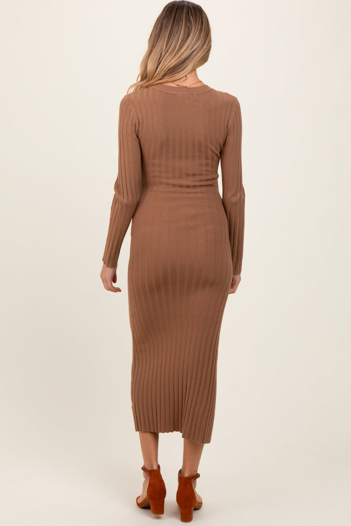 Mocha Ribbed Knit Fitted Maternity Midi Sweater Dress