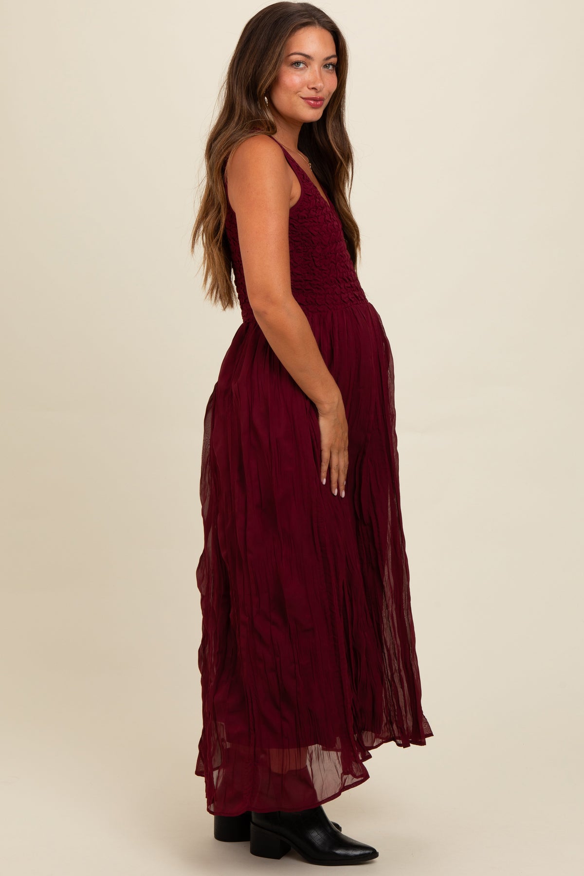 Burgundy Textured Smocked Bodice Sleeveless Maternity Maxi Dress
