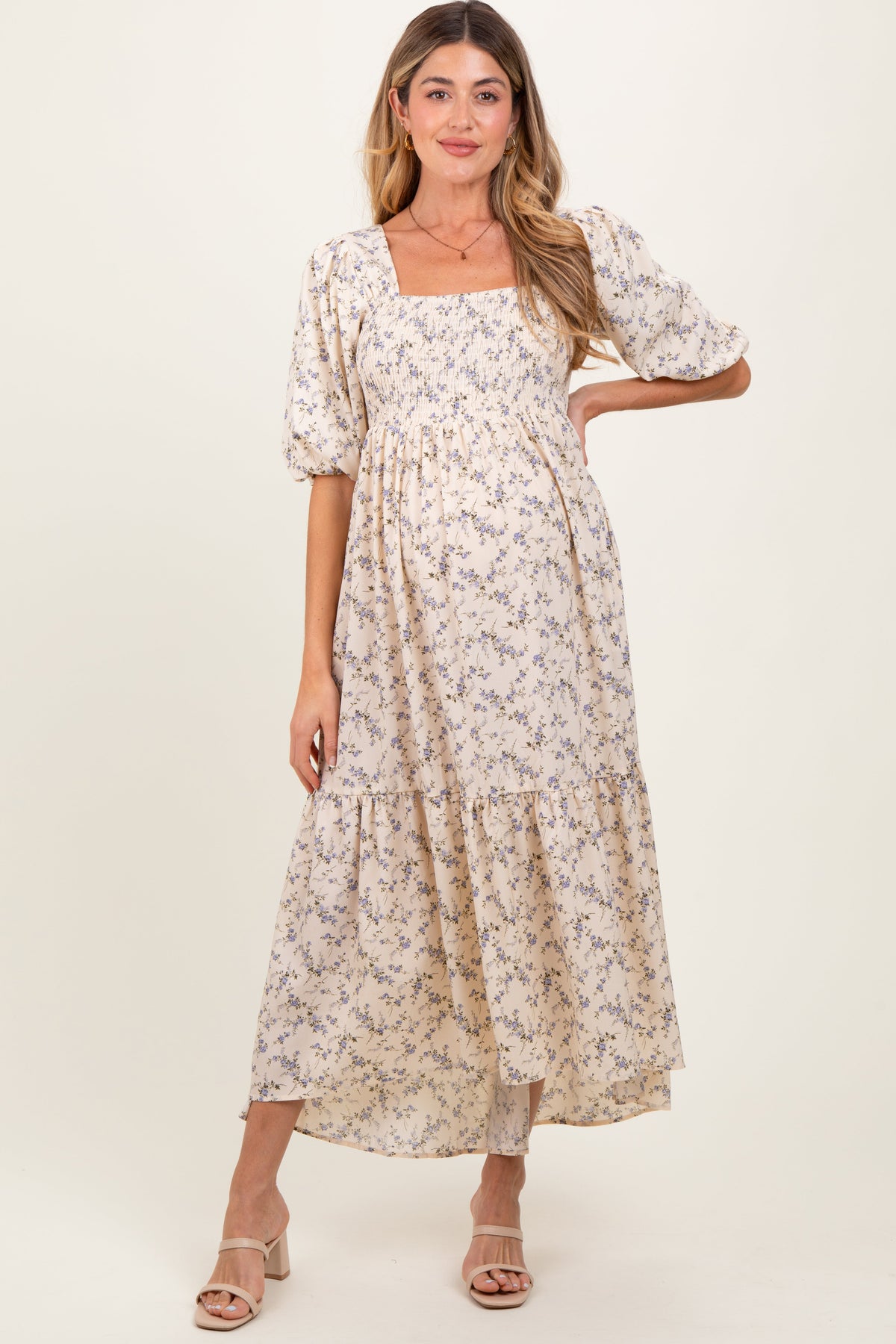 Ivory Floral Smocked Hi-Low Puff Sleeve Maternity Maxi Dress