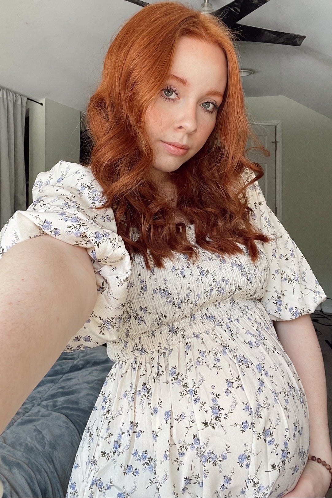 Ivory Floral Smocked Hi-Low Puff Sleeve Maternity Maxi Dress