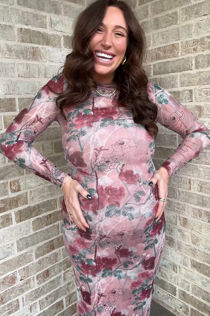 Mauve Floral Printed Mesh Overlay Maternity Maxi Dress