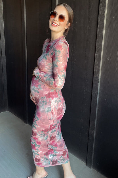 Mauve Floral Printed Mesh Overlay Maternity Maxi Dress