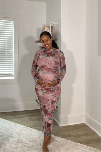 Mauve Floral Printed Mesh Overlay Maternity Maxi Dress