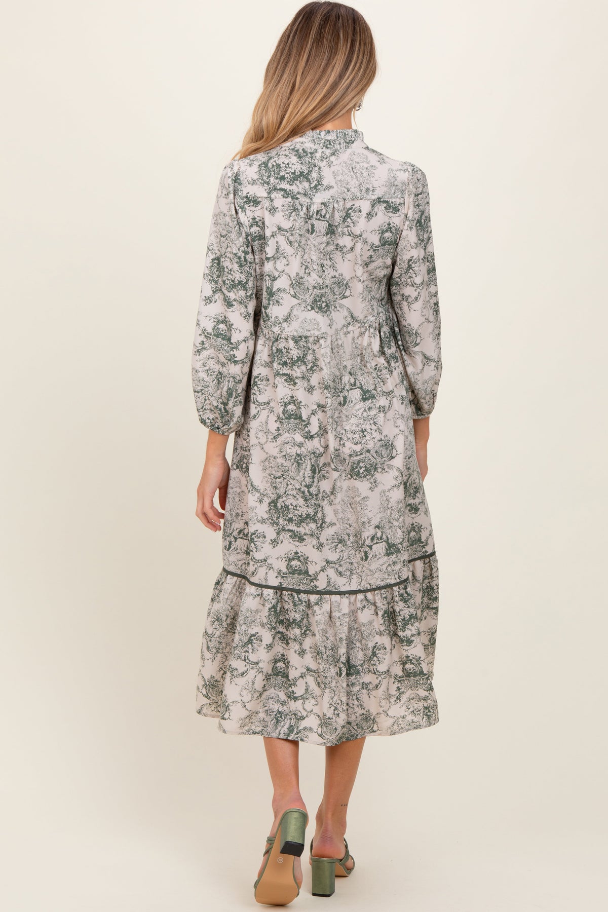 Forest Green Printed Split Ruffle Collar Maternity Midi Dress