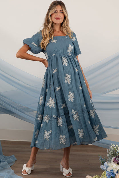 Blue Floral Print Ruffle Hem Maternity Midi Dress