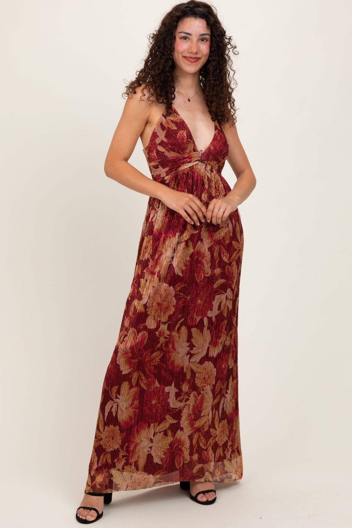 Burgundy Floral Deep V-Neck Back Cutout Maternity Maxi Dress