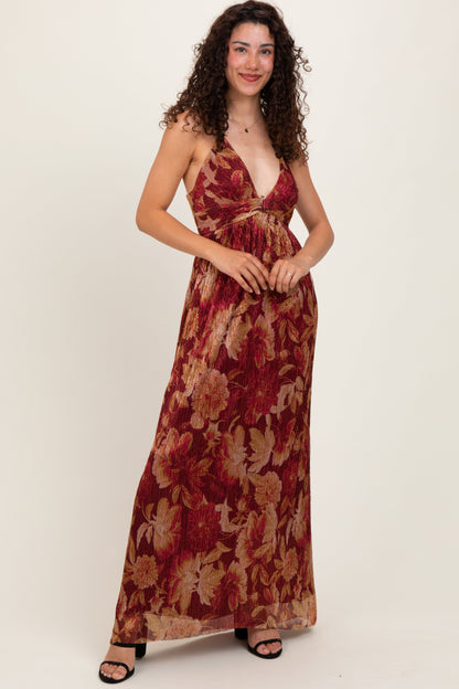 Burgundy Floral Deep V-Neck Back Cutout Maternity Maxi Dress