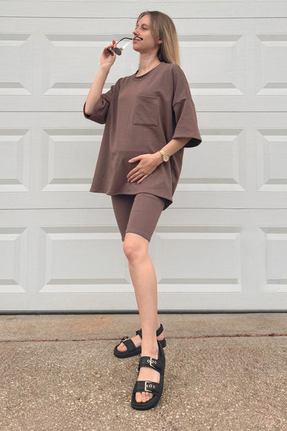 Brown Oversized Short Sleeve Biker Short Maternity Set