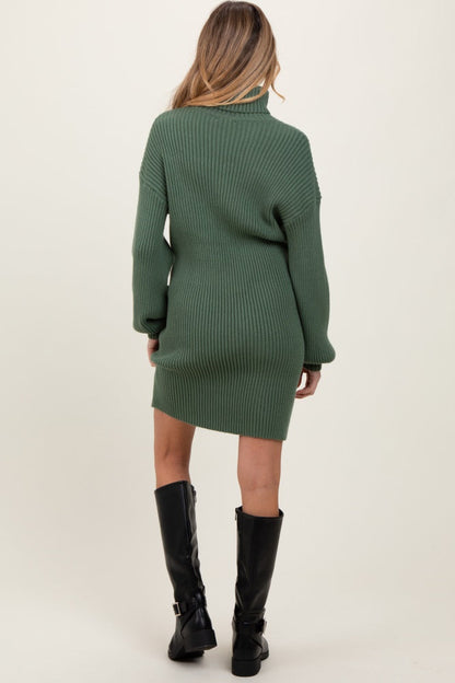 Olive Turtleneck Ribbed Maternity Sweater Dress