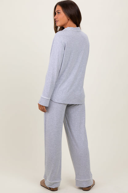Heather Grey Button Down Top Wide Leg Pant Maternity Pajama Set
