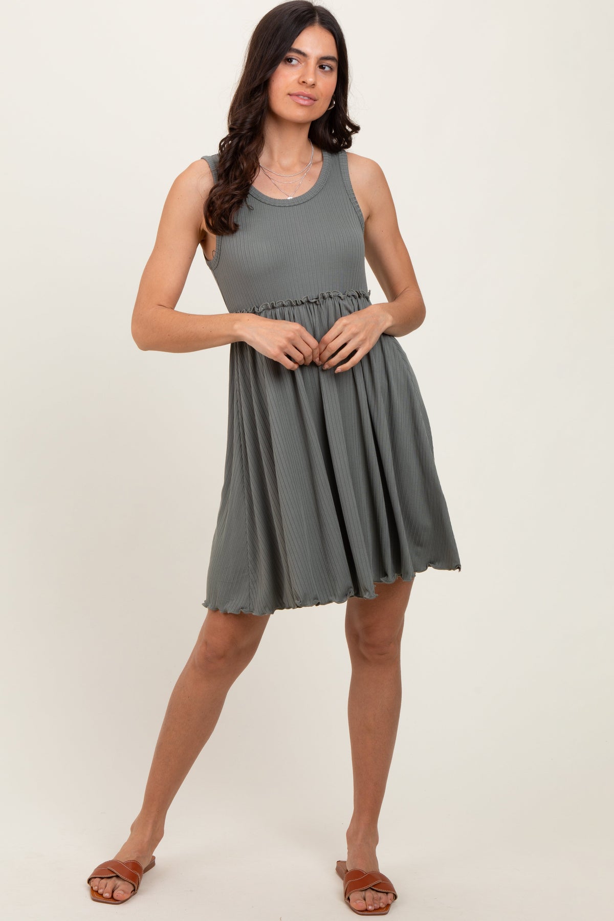 Olive Ribbed Sleeveless Lettuce Trim Maternity Mini Dress