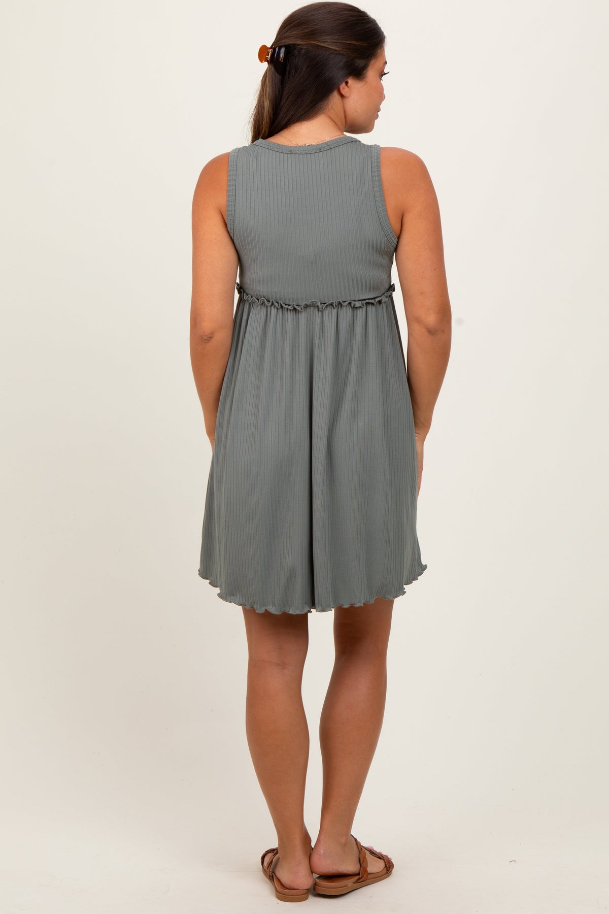 Olive Ribbed Sleeveless Lettuce Trim Maternity Mini Dress