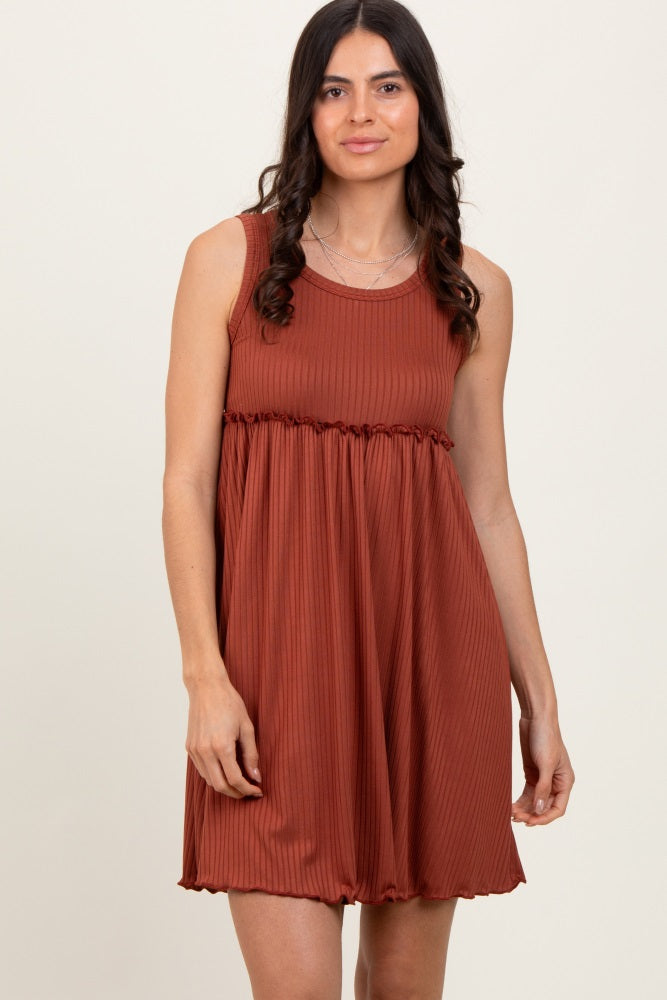 Rust Ribbed Sleeveless Lettuce Trim Maternity Mini Dress
