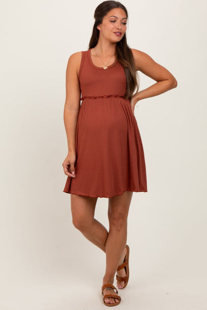 Rust Ribbed Sleeveless Lettuce Trim Maternity Mini Dress