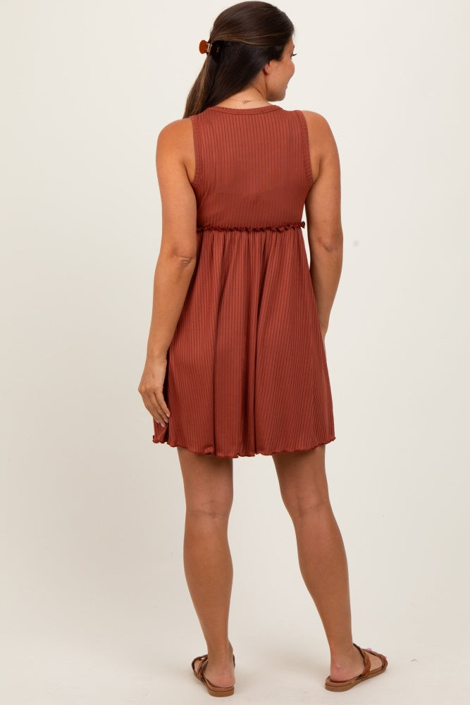 Rust Ribbed Sleeveless Lettuce Trim Maternity Mini Dress