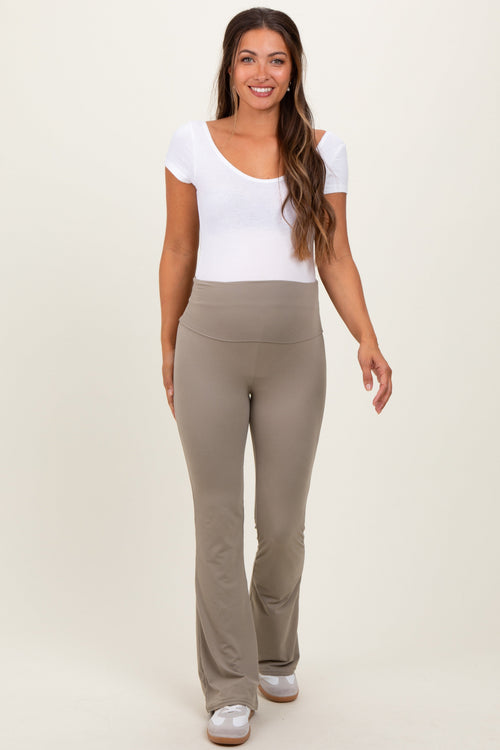 Light Olive Fold Over Waistband Maternity Flared Pants