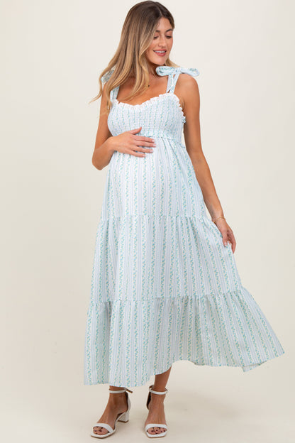 Blue Floral Striped Smocked Shoulder Tie Maternity Maxi Dress