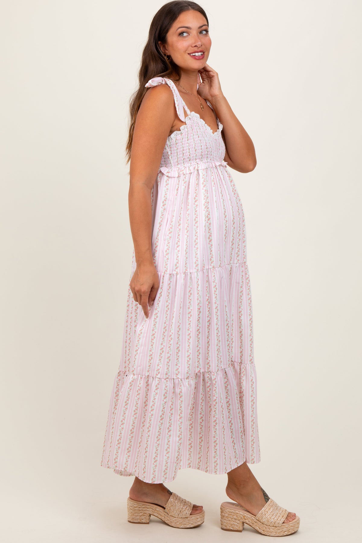 Pink Floral Striped Smocked Shoulder Tie Maternity Maxi Dress