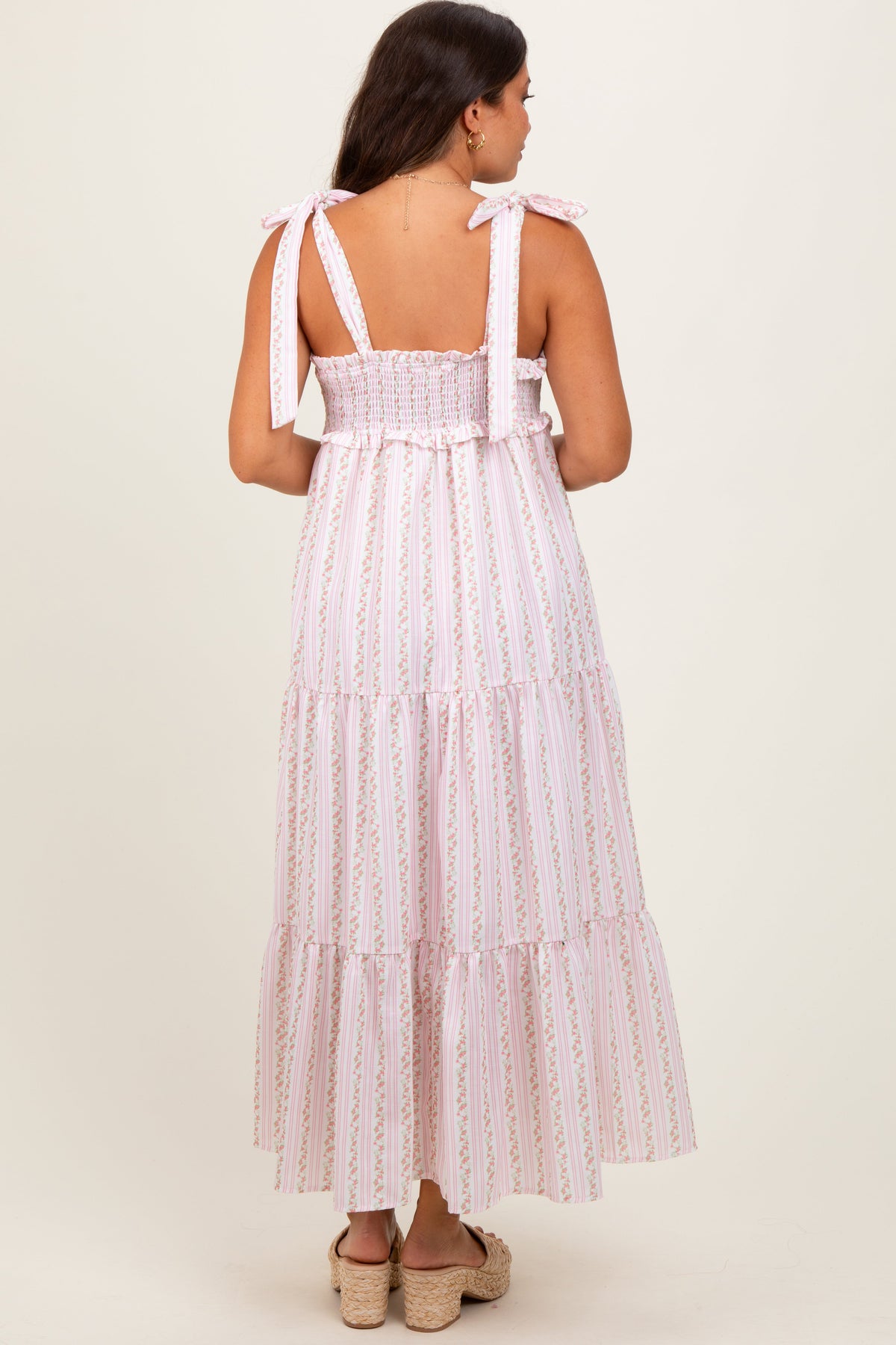 Pink Floral Striped Smocked Shoulder Tie Maternity Maxi Dress