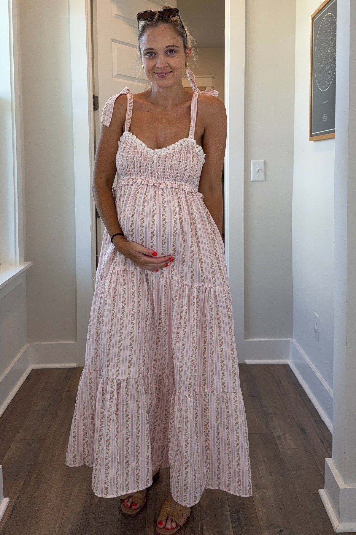 Pink Floral Striped Smocked Shoulder Tie Maternity Maxi Dress