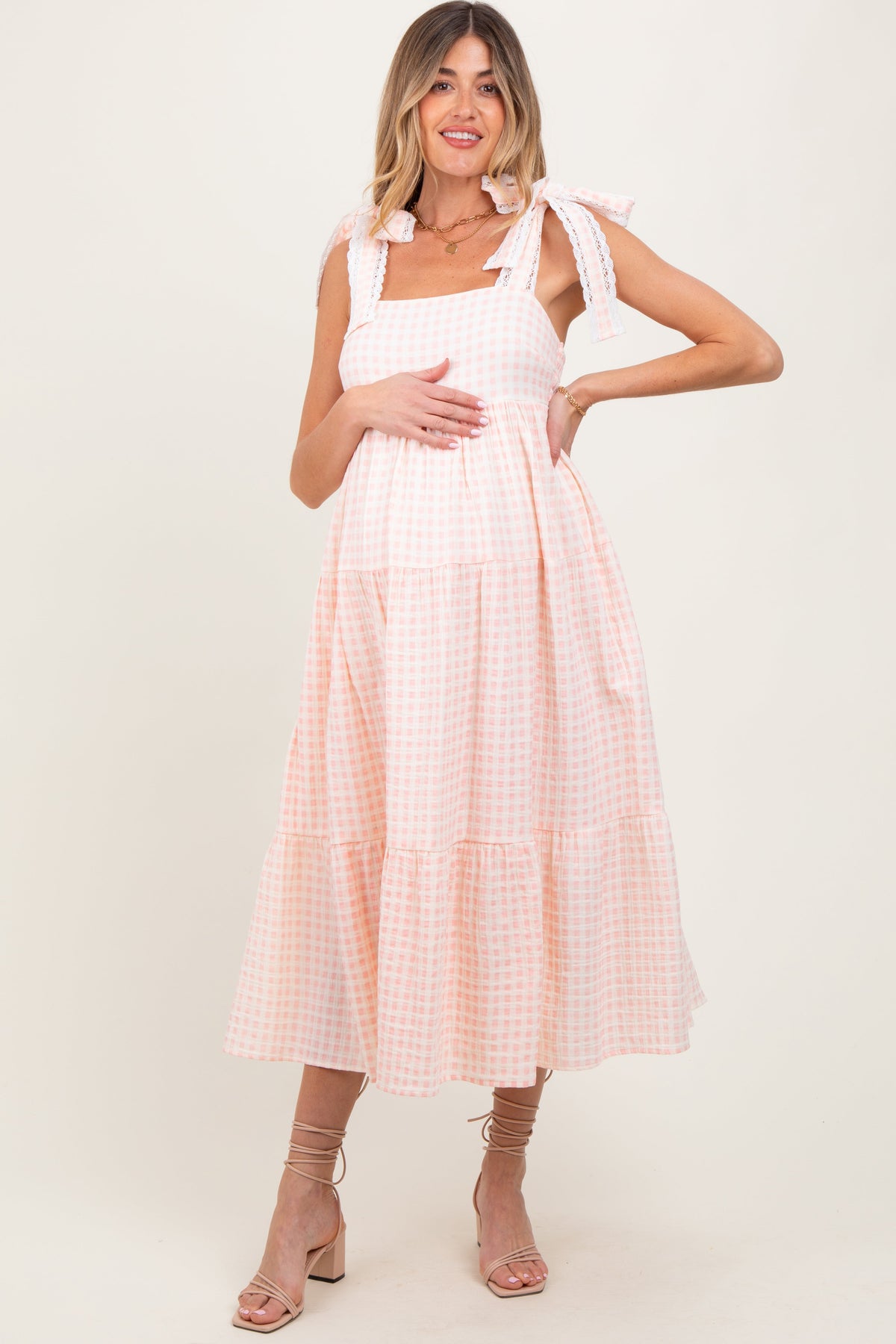 Light Pink Gingham Lace Trim Shoulder Tie Maternity Maxi Dress