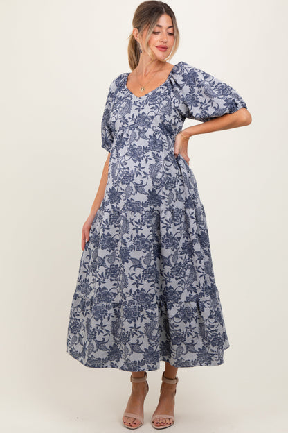 Navy Floral Tiered Puff Sleeve Maternity Midi Dress