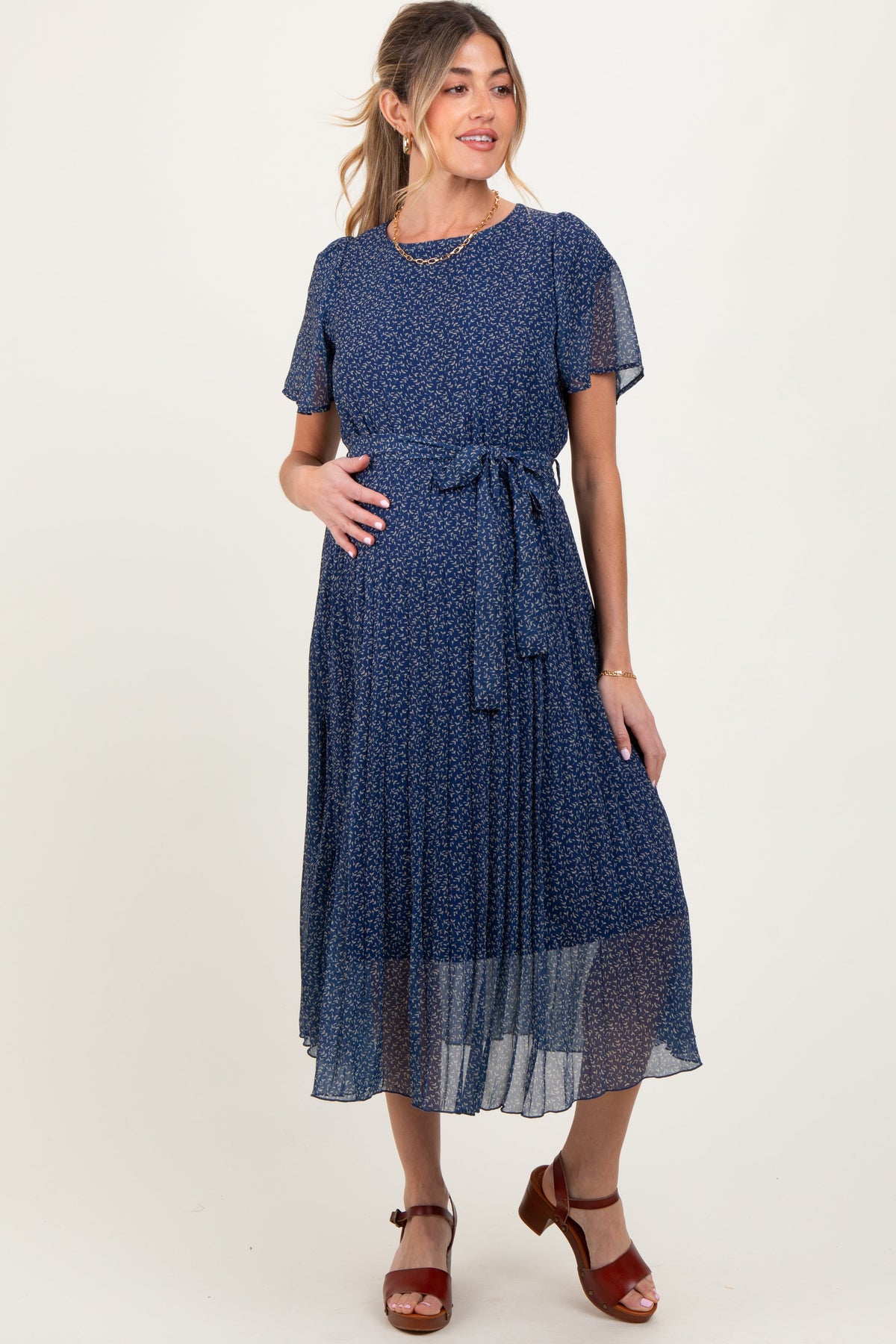 Navy Leaf Print Pleated Maternity Midi Dress