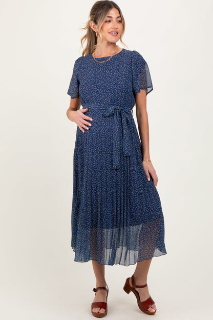 Navy Leaf Print Pleated Maternity Midi Dress