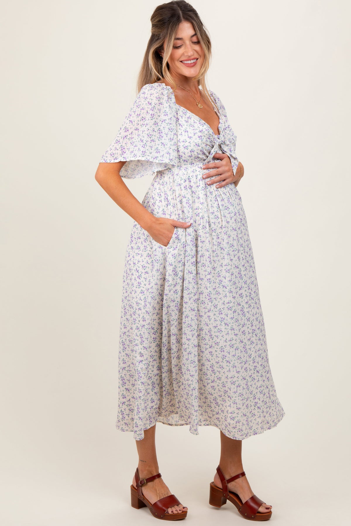 Lavender Floral Front Tie Maternity Midi Dress