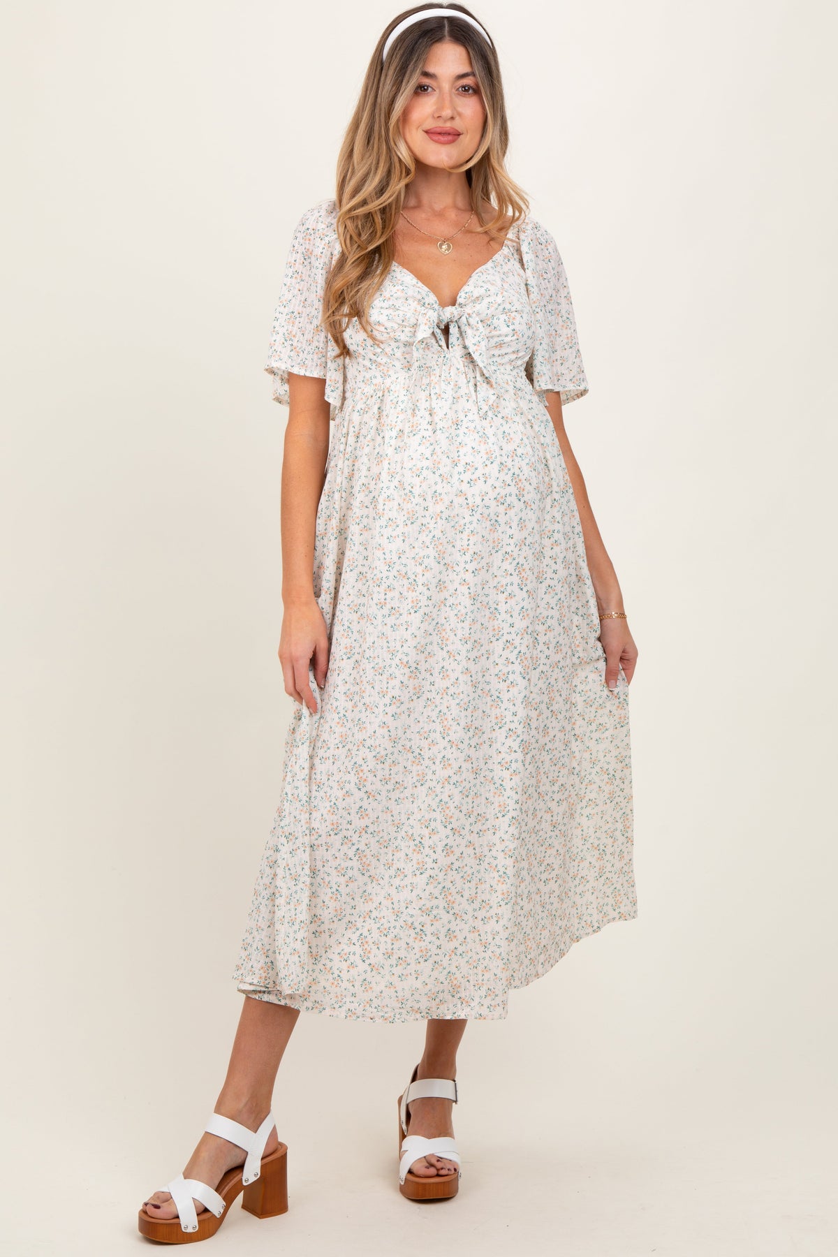 Peach Floral Front Tie Maternity Midi Dress
