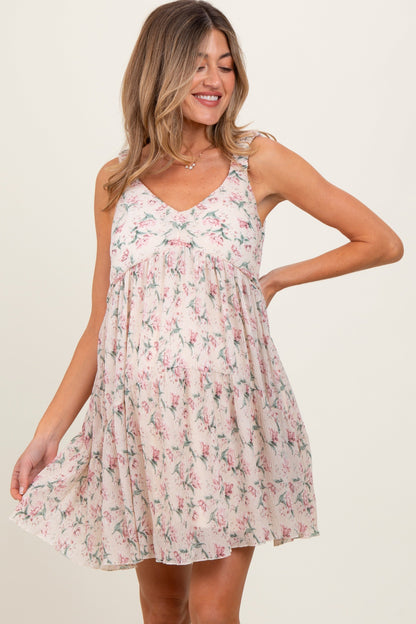 Pink Floral Plisse Texture Maternity Mini Dress