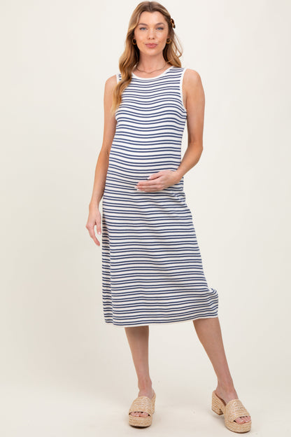 Navy Striped Knit Sleeveless Maternity Midi Dress