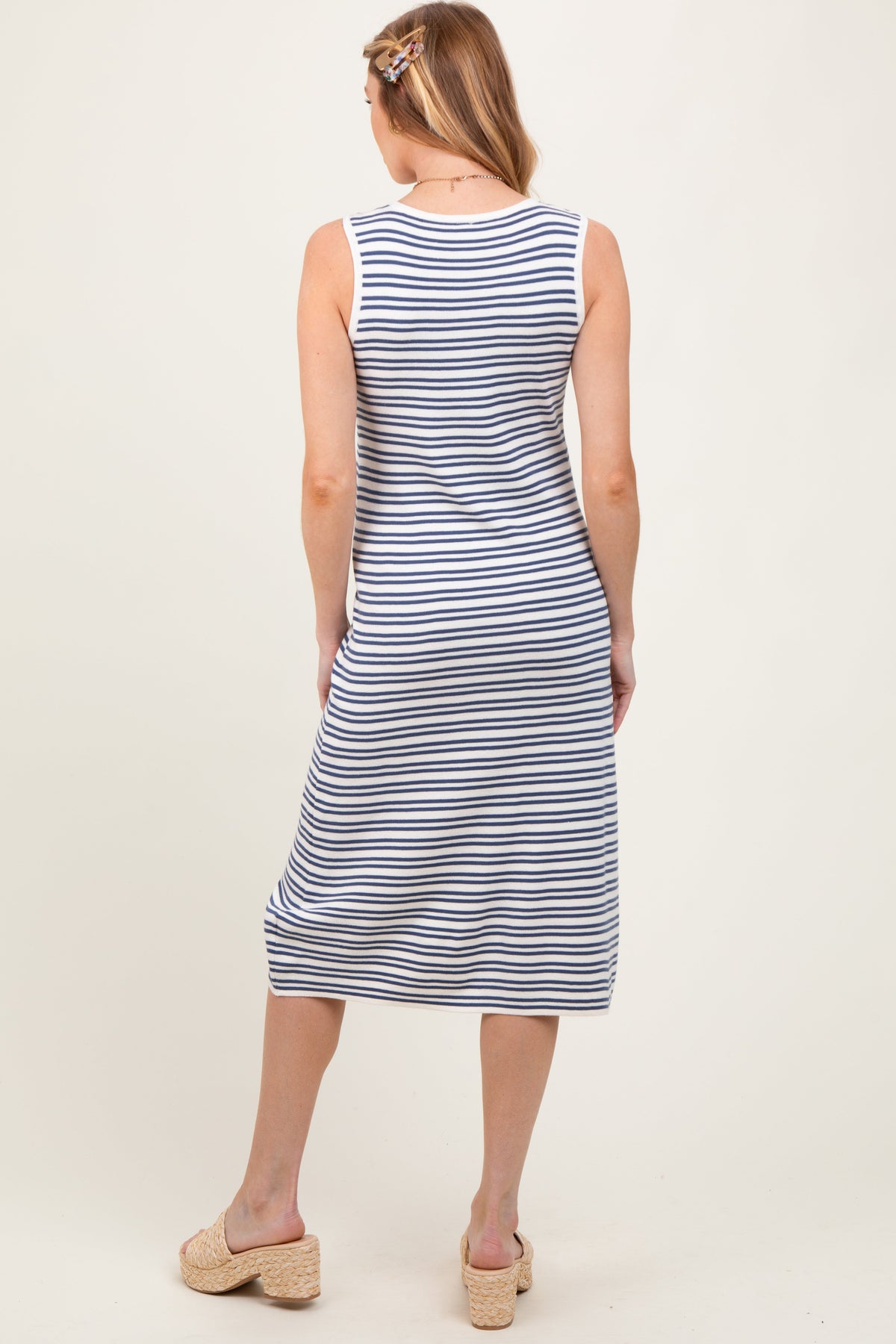 Navy Striped Knit Sleeveless Maternity Midi Dress