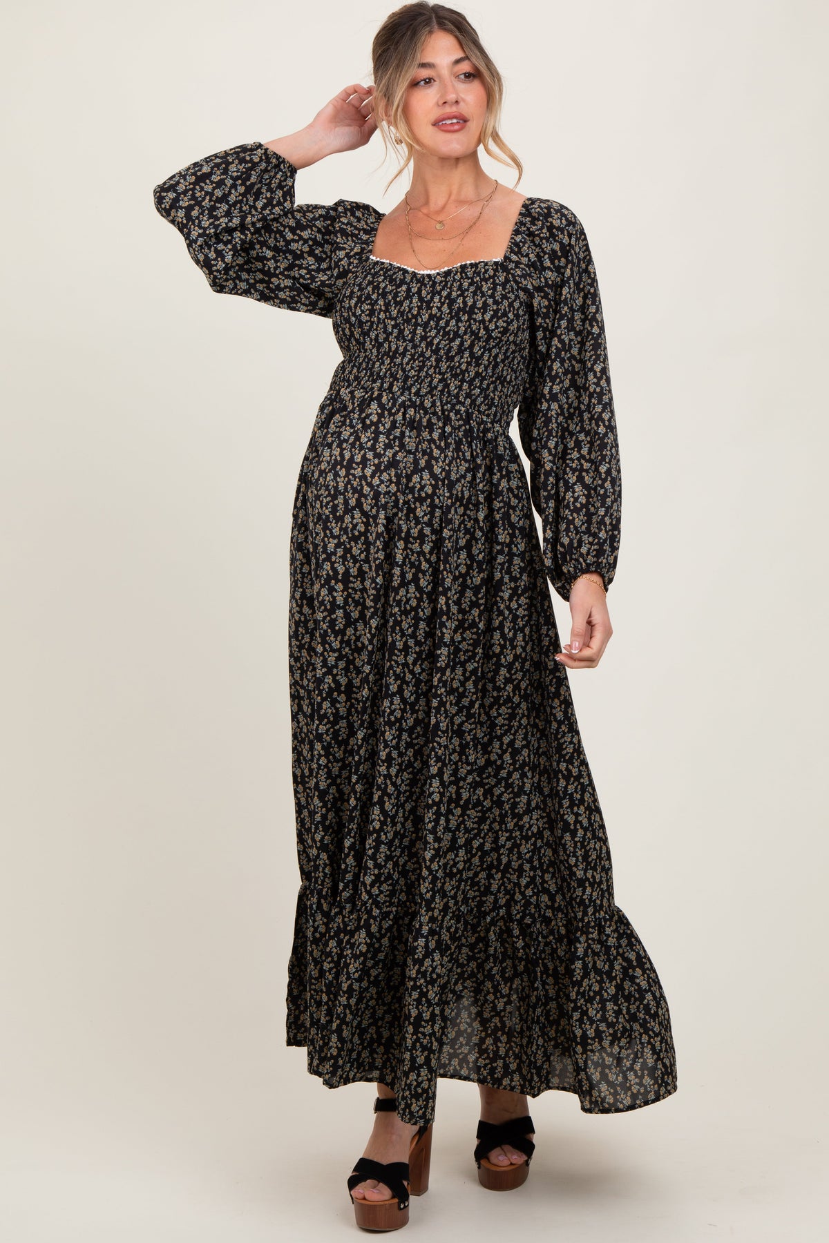 Black Floral Smocked Lace Trim Sweetheart Maternity Maxi Dress