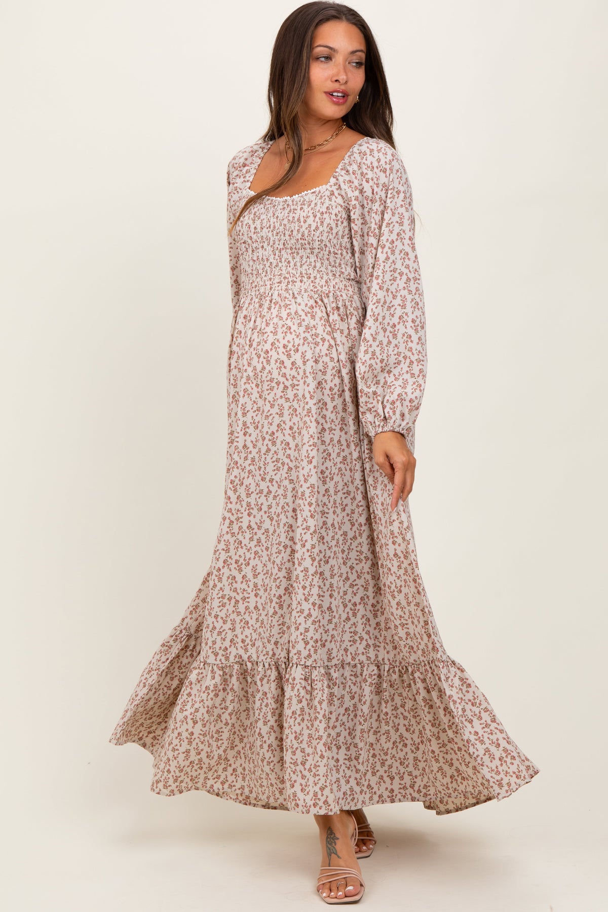 Pink Floral Smocked Lace Trim Sweetheart Maternity Maxi Dress