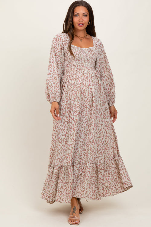 Pink Floral Smocked Lace Trim Sweetheart Maternity Maxi Dress