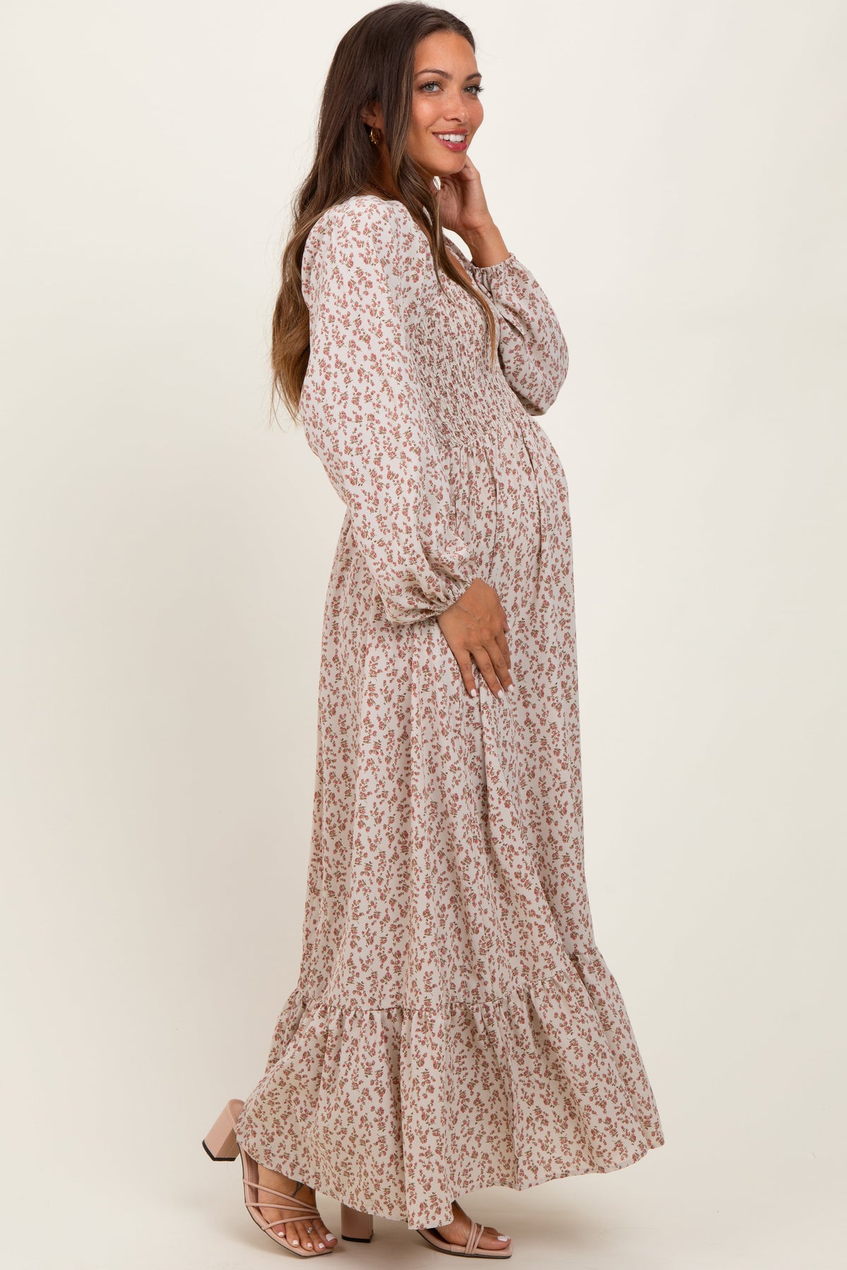 Pink Floral Smocked Lace Trim Sweetheart Maternity Maxi Dress