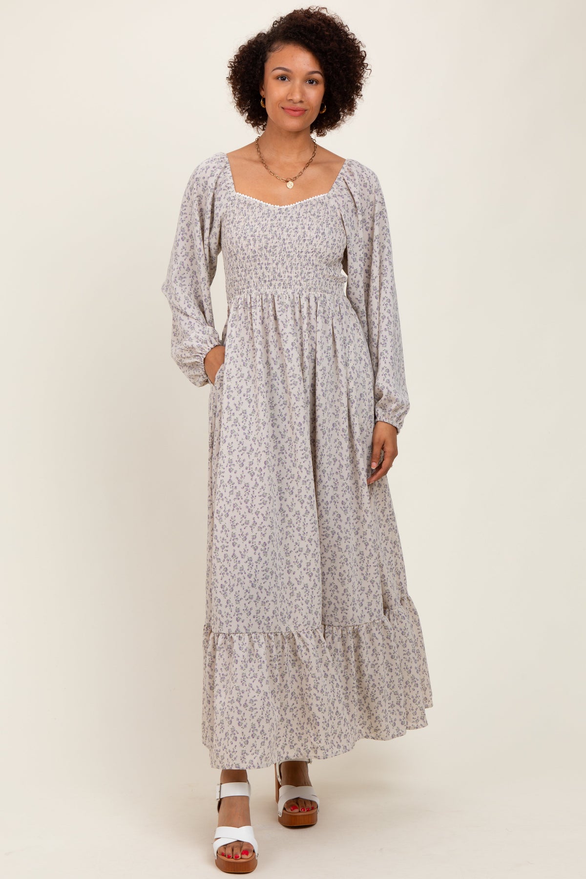 Lavender Floral Smocked Lace Trim Sweetheart Maternity Maxi Dress