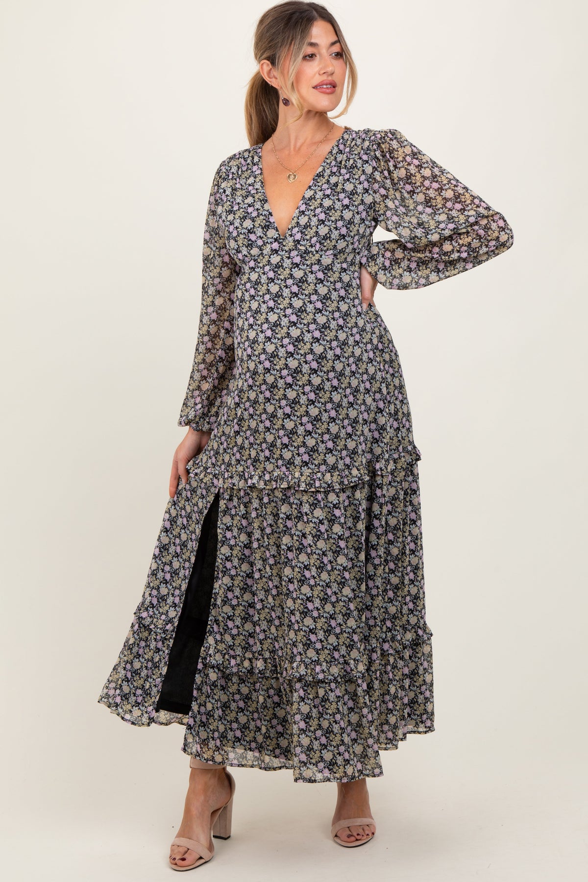 Black Floral Chiffon V-Neck Ruffle Tiered Maternity Maxi Dress