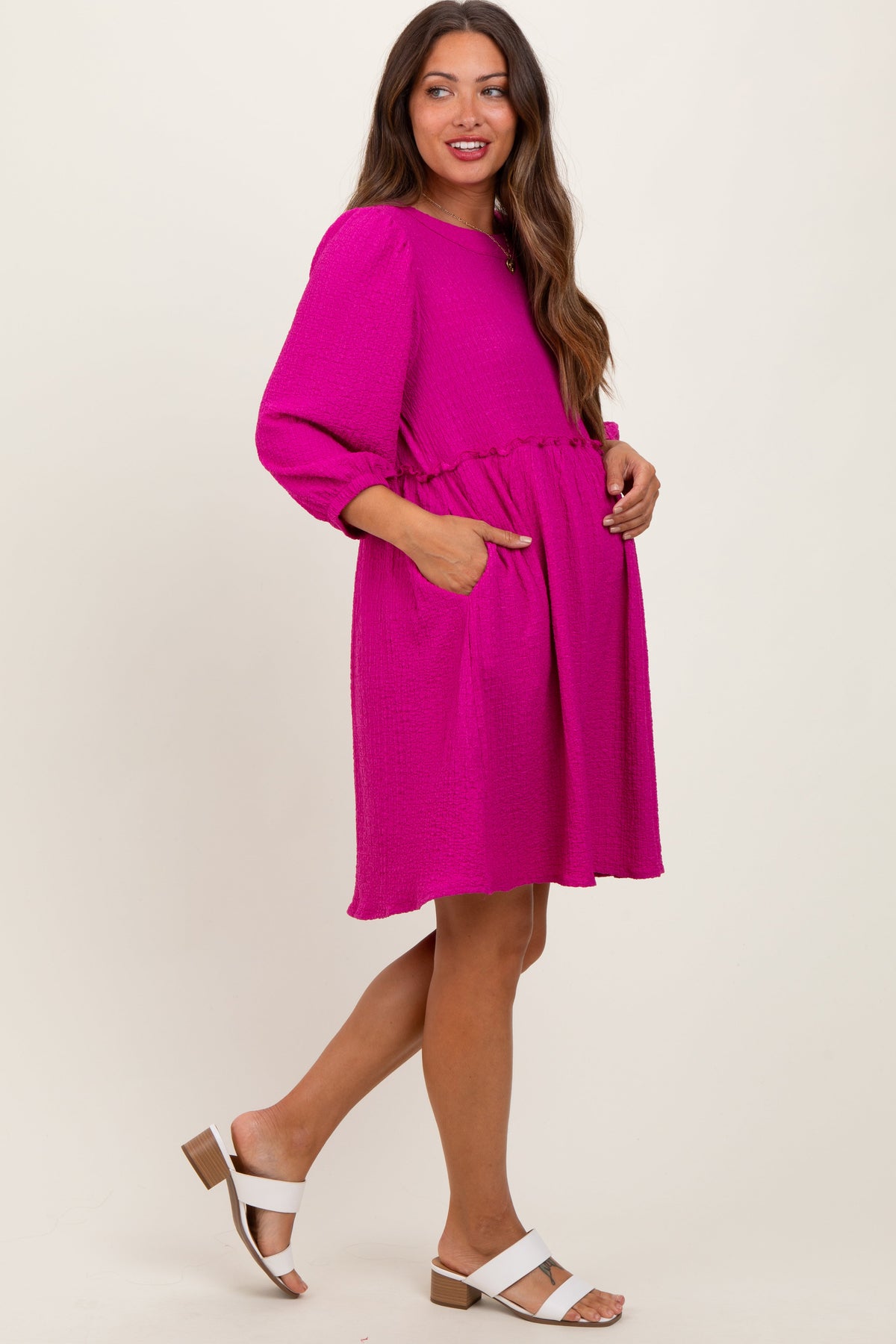 Magenta Knit Ruffle Trim Maternity Dress