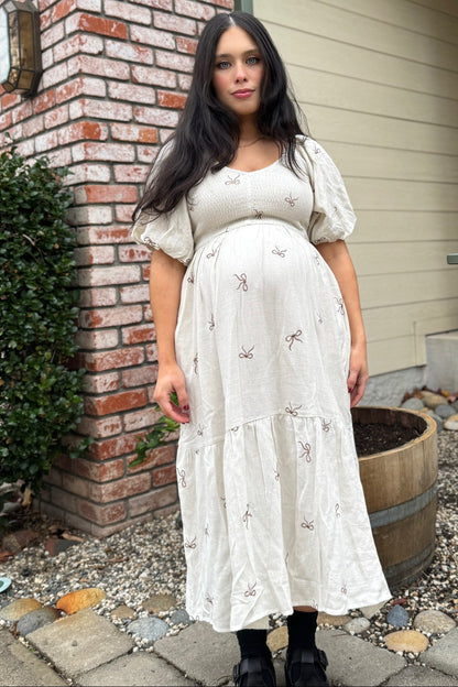 Cream Ribbon Print Smocked Maternity Midi Dress
